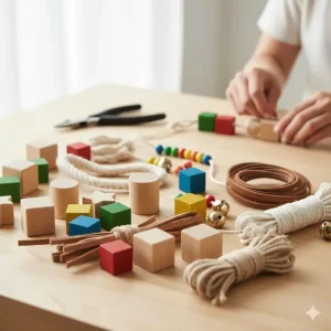 Hands assembling DIY bird chew toys using natural rope, leather strips, and wooden beads on a desk.