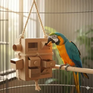 A simple DIY bird puzzle toy made from recycled cardboard and hemp rope.