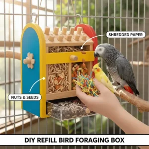 Illustration showing how to refill a bird foraging box with shredded paper and nuts.