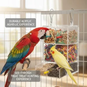 Clear acrylic bird foraging box design showcasing a "see-through" treat hunting experience.