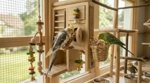 An interactive bird climbing wall featuring hidden compartments for treats and shredded paper.