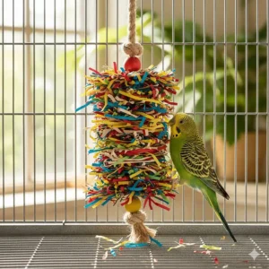 A vibrant paper shredder bird toy being used by a parakeet for foraging and mental enrichment.