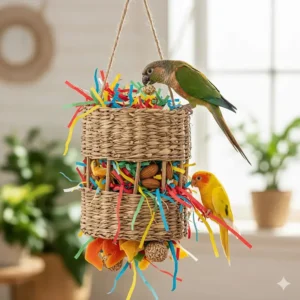 Interactive parrot toy filled with shredded paper and hidden treats.