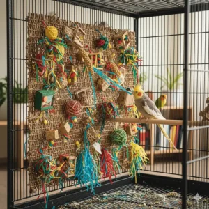 A seagrass foraging wall decorated with various paper shredding toys for birds to pull and peel.