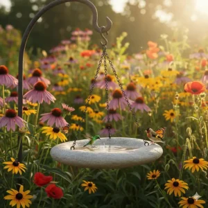 A minimalist hanging bird bath positioned near purple coneflowers to attract pollinators and birds.