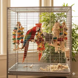 A variety of colorful bird chew toys securely installed in a spacious metal bird cage with natural light.