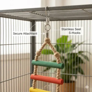 Diagram showing how to securely attach a bird rope ladder to cage bars using stainless steel hooks.