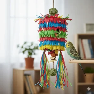 A hanging piñata-style paper shredding toy for birds filled with hidden treats.