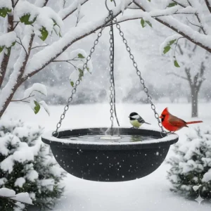 An insulated heated hanging bird bath providing liquid water for birds during freezing winter weather.