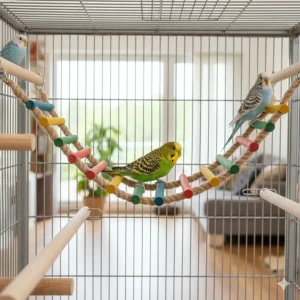 A bird rope ladder used horizontally as a suspension bridge between two perches.