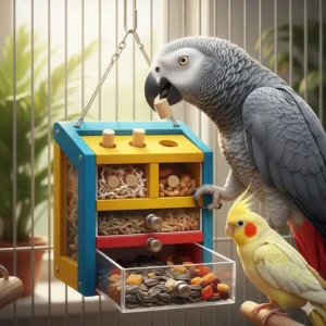 Illustration showing a parrot solving a puzzle to access treats inside a bird foraging box.