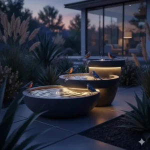 A modern tiered bird bath with integrated LED lighting glowing in a luxury backyard garden at night.
