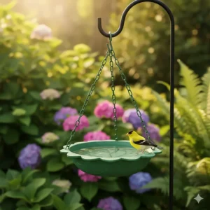 A durable green resin hanging bird bath that is easy to clean and weather-resistant.