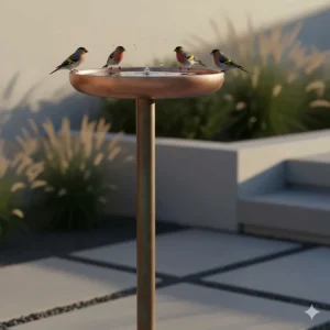 A tall minimalist copper modern bird bath with a clean-lined pedestal design in a contemporary backyard.