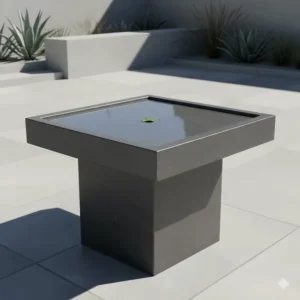 Sleek dark basalt stone bird bath with a minimalist square design for modern landscaping.