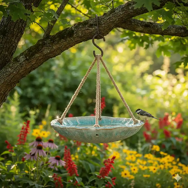 A decorative ceramic hanging bird bath suspended from a sturdy tree branch in a lush summer garden. hanging bird baths