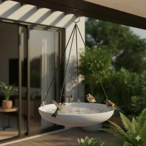 A modern hanging bird bath with a white ceramic basin suspended from a wooden porch beam.