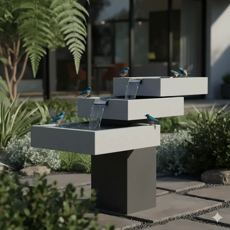 A sleek, concrete modern bird bath with a tiered fountain design acting as a focal point in a minimalist landscaped garden.