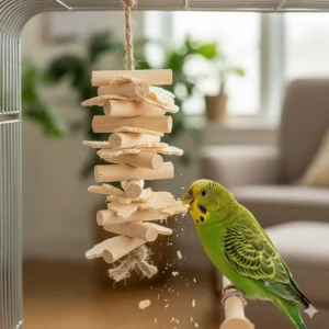 A small parakeet happily chewing on a soft sola wood shredding toy.