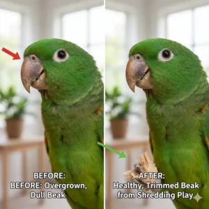 Diagram showing how shredding toys help maintain healthy parrot beaks.