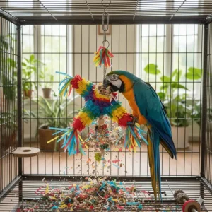 Large macaw destroying a colorful cardboard shredding piñata toy.