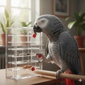 An African Grey parrot using its beak to slide a panel on a clear acrylic bird foraging toy to reach a seed.