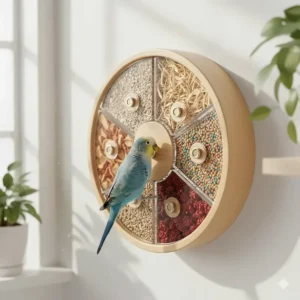 A wall-mounted rotary bird foraging wheel with five compartments filled with different organic bird treats.