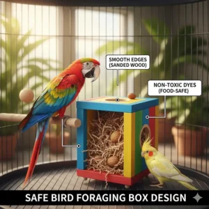 Illustration highlighting smooth edges and non-toxic dyes on a bird foraging box.