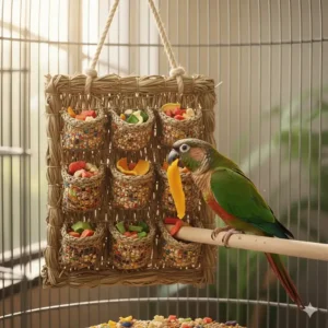 A seagrass wall mat used as a bird puzzle toy for hiding dried fruit and seeds.