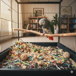 The aftermath of a bird playing with paper shredding toys, showing healthy enrichment and mental stimulation.
