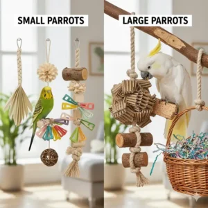 Comparison of small shredding toys for cockatiels versus heavy-duty toys for cockatoos.