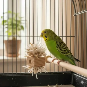 A small parakeet exploring a sized-down paper shredding toy designed for petite birds.