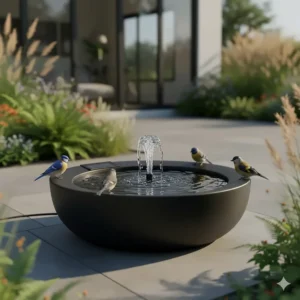 Solar powered black ceramic modern bird bath featuring a small fountain spray and birds perched on the rim.