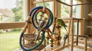 A colorful cotton bungee spiral perch providing a fun climbing challenge for cockatiels.