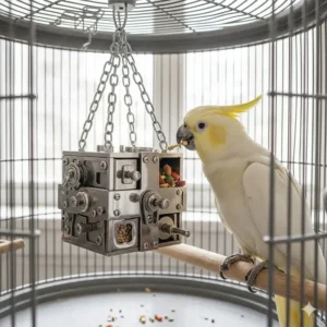 An advanced stainless steel bird puzzle toy featuring a mechanical lock and key design.