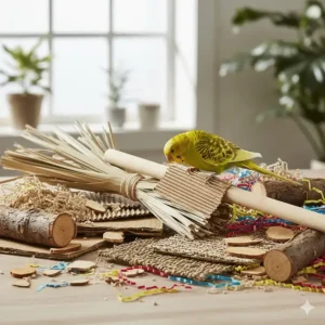 Close-up of different textures in bird shredding toys including corrugated cardboard and wood.
