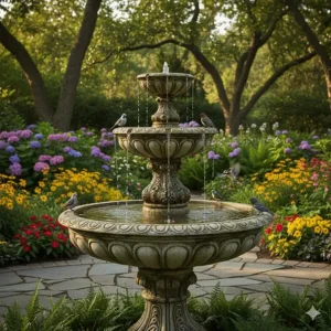 An ornate two-tier stone bird bath featuring a double-drop water level design.