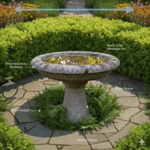 Diagram showing the ideal shaded placement for a stone bird bath near protective shrubbery.