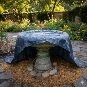Illustration showing how to protect a cast stone bird bath from freezing and cracking in winter.