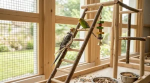 A natural wood multi-step climbing ladder designed for parakeets and small birds.