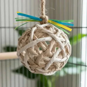 Close-up of a woven paper shredding toy for birds showing safe, non-toxic textures.
