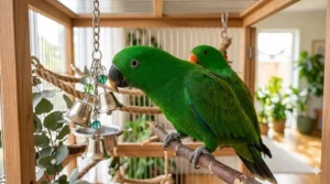 A vibrant multi-colored acrylic bird climbing toy featuring small jingling bells at the bottom of each rung.