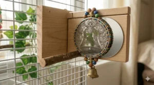 Wooden bird mirror toy decorated with colorful plastic beads for chewing and preening.