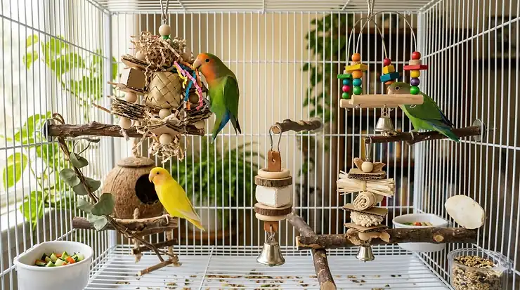 A colorful variety of lovebird toys including wooden swings, shredding kabobs, and bells arranged in a bird cage.