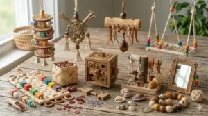 A classic small bird cage toy featuring a stainless steel mirror and a dangling chime bell.