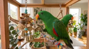 A flexible five-step bird climbing ladder with small metallic bells to encourage active play and exercise.