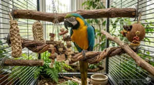 A cockatiel playing with a hanging toy while perched on a textured natural wood bird branch.