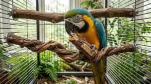 A small parakeet rubbing its beak on textured bark, showing how natural wood perches for birds help with grooming.