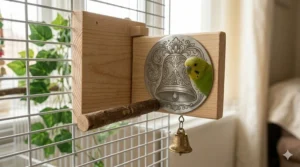 Colorful bird mirror toy featuring an attached hanging bell for auditory stimulation.