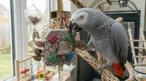 A multi-textured mineral block and pumice stone toy for African Greys to maintain beak and claw trim.